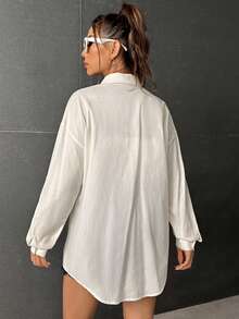 SHEIN EZwear Drop Shoulder Pocket Patched Button Front Shirt - Beige - View 2