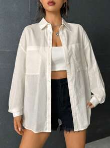 SHEIN EZwear Drop Shoulder Pocket Patched Button Front Shirt - Beige - View 3