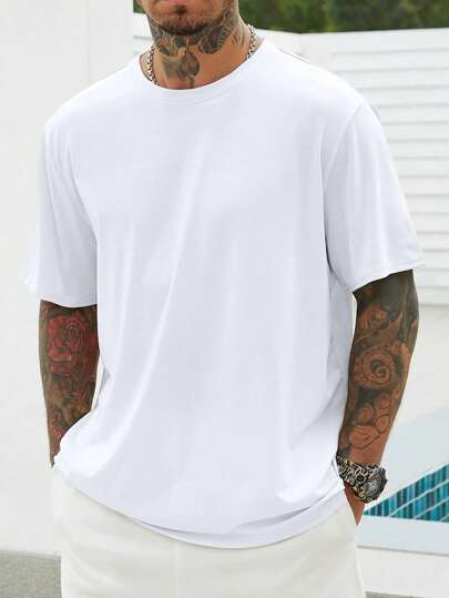 Manfinity Homme Men Plus Size Solid Basic Plain Short Sleeve Round Neck Tee, For Work
