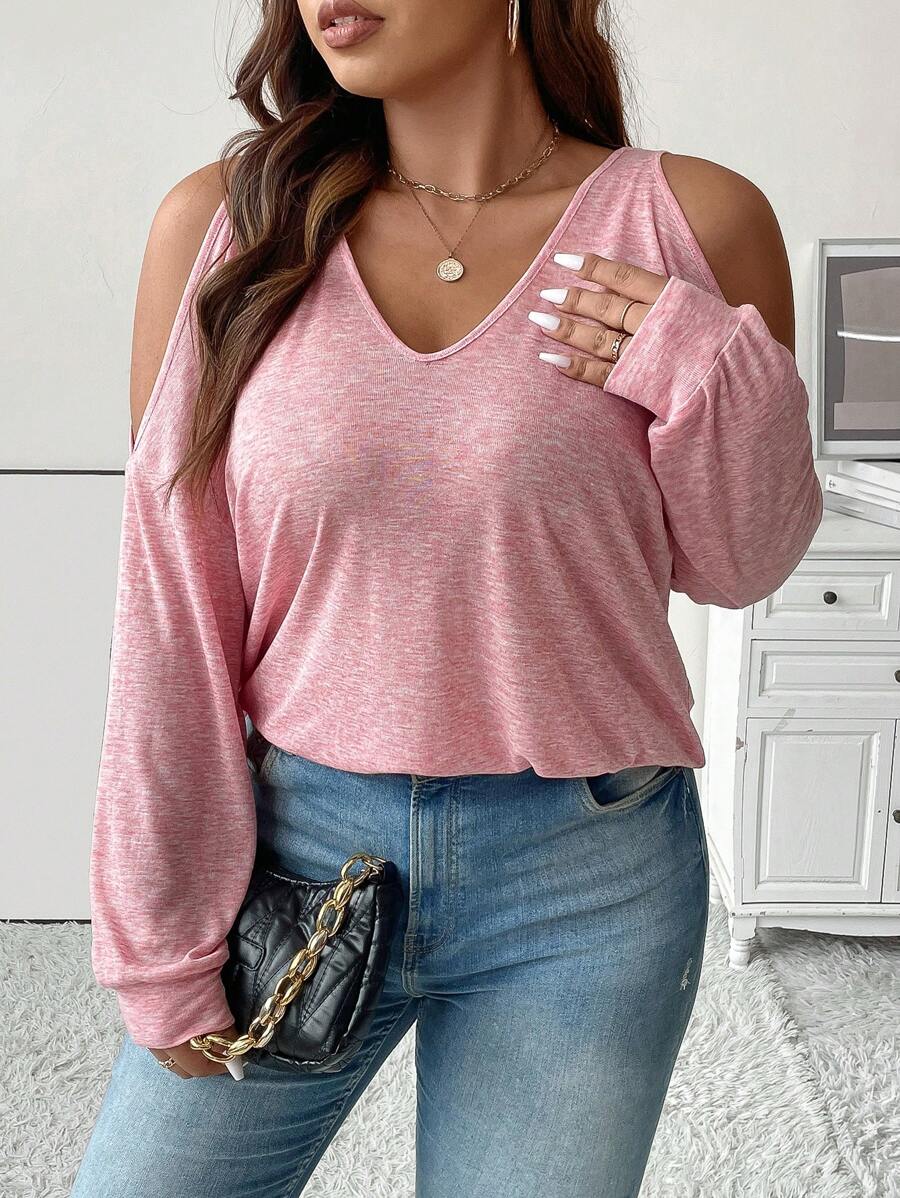 Celure Hơn Vai lạnh Áo nỉ - Hồng - Xem 1