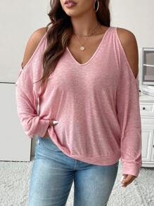 Celure Hơn Vai lạnh Áo nỉ - Hồng - Xem 4