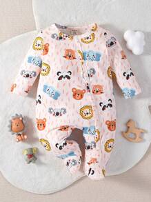 Baby Girl Cartoon Graphic Button Front Footed Sleep Jumpsuit - White - View 1