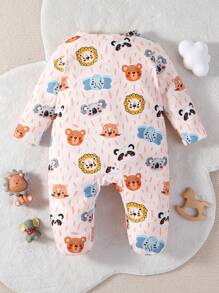 Baby Girl Cartoon Graphic Button Front Footed Sleep Jumpsuit - White - View 2