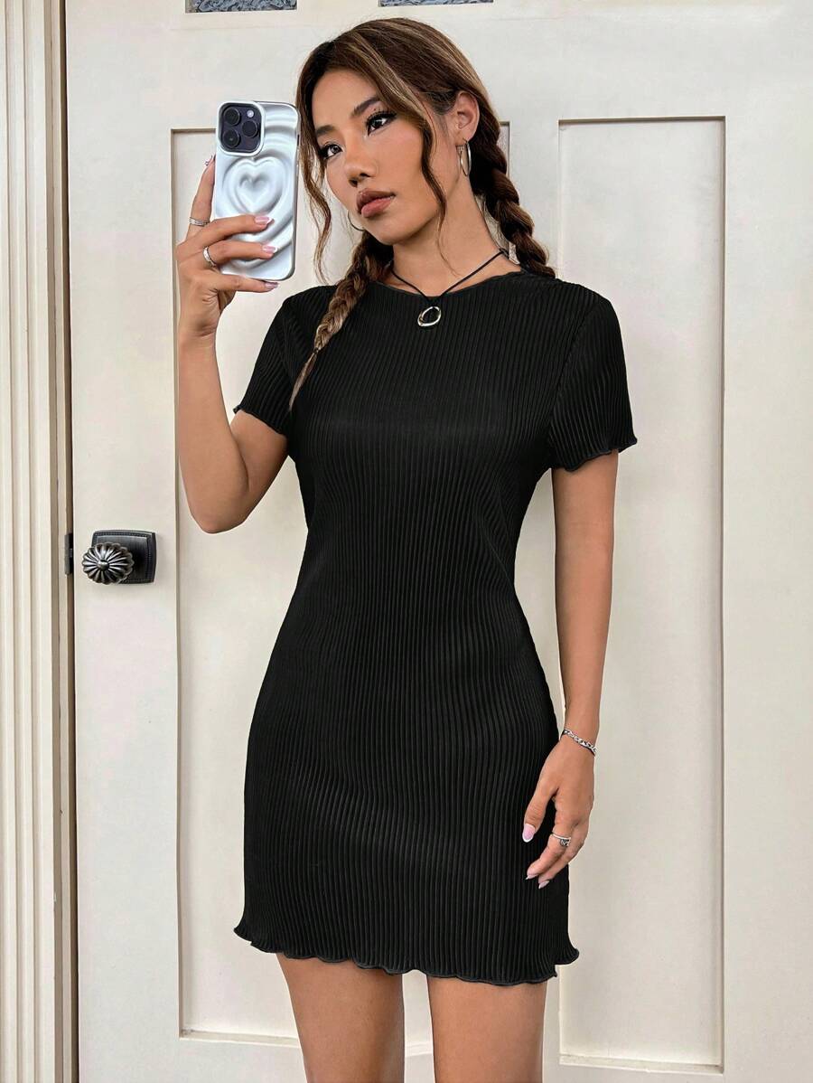 SHEIN EZwear Vestido De Verano Solid Lettuce Trim Ribbed Knit Dress - Negro - View 1