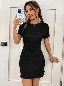 SHEIN EZwear Vestido De Verano Solid Lettuce Trim Ribbed Knit Dress - Negro - View 3