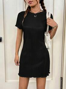 SHEIN EZwear Vestido De Verano Solid Lettuce Trim Ribbed Knit Dress - Negro - View 4