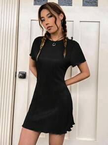 SHEIN EZwear Vestido De Verano Solid Lettuce Trim Ribbed Knit Dress - Negro - View 6