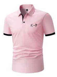 Manfinity Hypemode Men Plus Letter Graphic Contrast Trim Polo Shirt - Pink - View 3