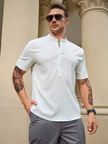 Manfinity Homme 男士大码半排扣襯衫 - 白色 - 查看 4