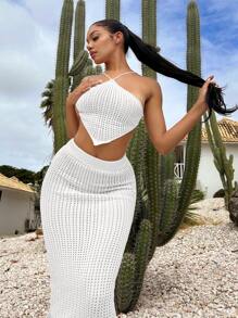 SHEIN SXY Solid Pointelle Knit Top & Knit Skirt - White - View 1