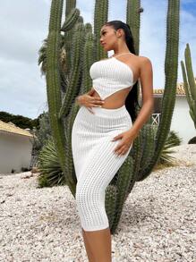 SHEIN SXY Solid Pointelle Knit Top & Knit Skirt - White - View 4