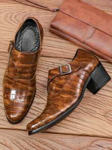 Men's Dress Shoes With Alligator Patterned Strap And Buckle Decorations - Brown - View 3
