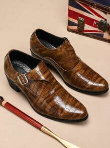 Men's Dress Shoes With Alligator Patterned Strap And Buckle Decorations - Brown - View 4