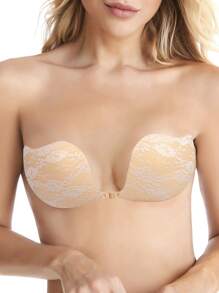 拼接花卉蕾絲矽膠自粘式胸衣 - 杏色 - 查看 1