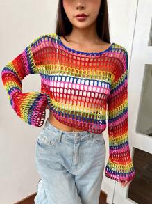 SHEIN Qutie Jersey crop de rayas de arcoíris tejido abierto de hombros caídos - Multicolor - Ver 2