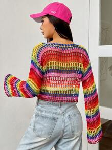 SHEIN Qutie Jersey crop de rayas de arcoíris tejido abierto de hombros caídos - Multicolor - Ver 3