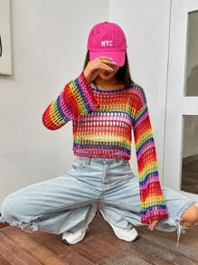 SHEIN Qutie Jersey crop de rayas de arcoíris tejido abierto de hombros caídos - Multicolor - Ver 4