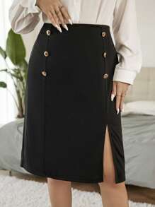 Celure Hơn Cao eo Nút giả Tách đùi Váy - màu đen - Xem 2