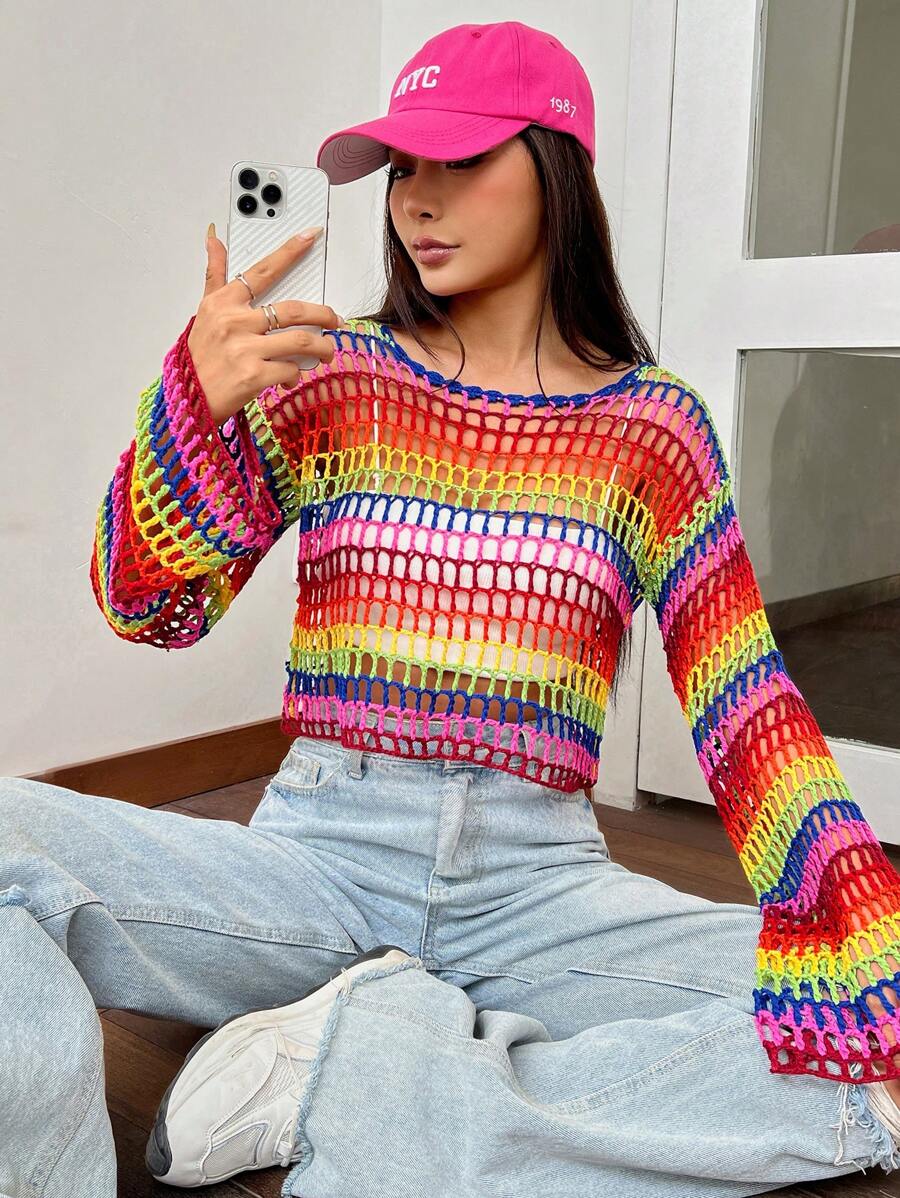 SHEIN Qutie Jersey crop de rayas de arcoíris tejido abierto de hombros caídos - Multicolor - Ver 1