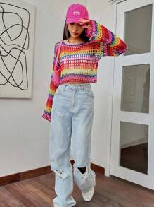 SHEIN Qutie Jersey crop de rayas de arcoíris tejido abierto de hombros caídos - Multicolor - Ver 5