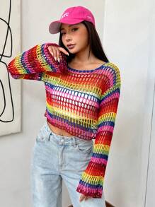 SHEIN Qutie Jersey crop de rayas de arcoíris tejido abierto de hombros caídos - Multicolor - Ver 6