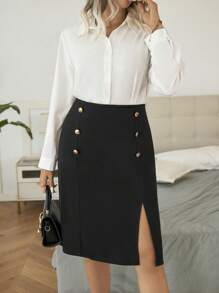 Celure Hơn Cao eo Nút giả Tách đùi Váy - màu đen - Xem 4