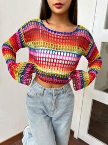 SHEIN Qutie Jersey crop de rayas de arcoíris tejido abierto de hombros caídos - Multicolor - Ver 7