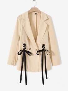 SHEIN Unity Lace Up Front Lapel Collar Double Button Blazer - Apricot - View 1