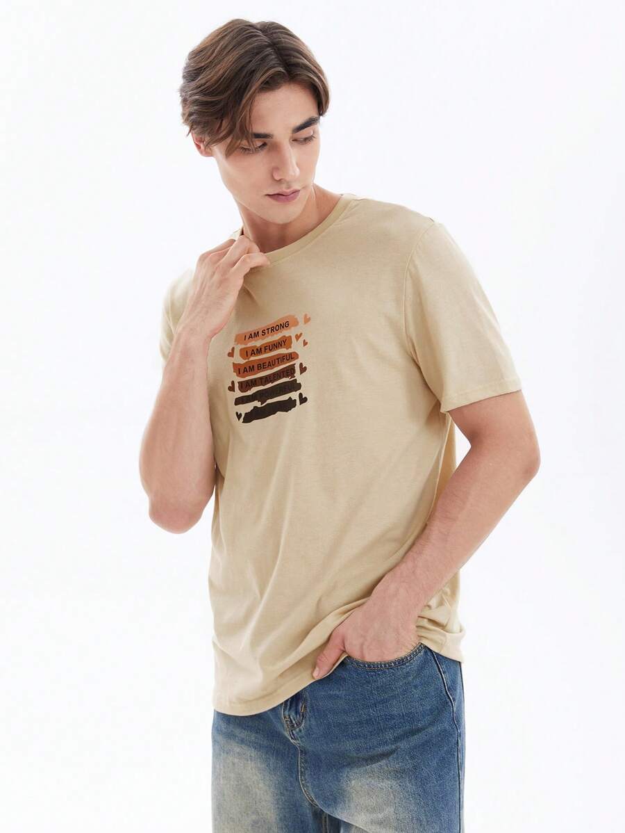 Manfinity Homme 男士標語圖案T恤 - 卡其色 - 查看 1