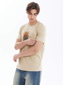 Manfinity Homme 男士標語圖案T恤 - 卡其色 - 查看 3