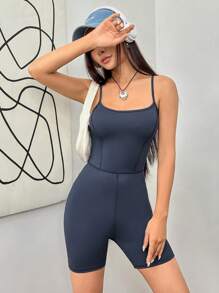 SHEIN EZwear 素色吊帶緊身連體短褲 - 藏蓝色 - 查看 3