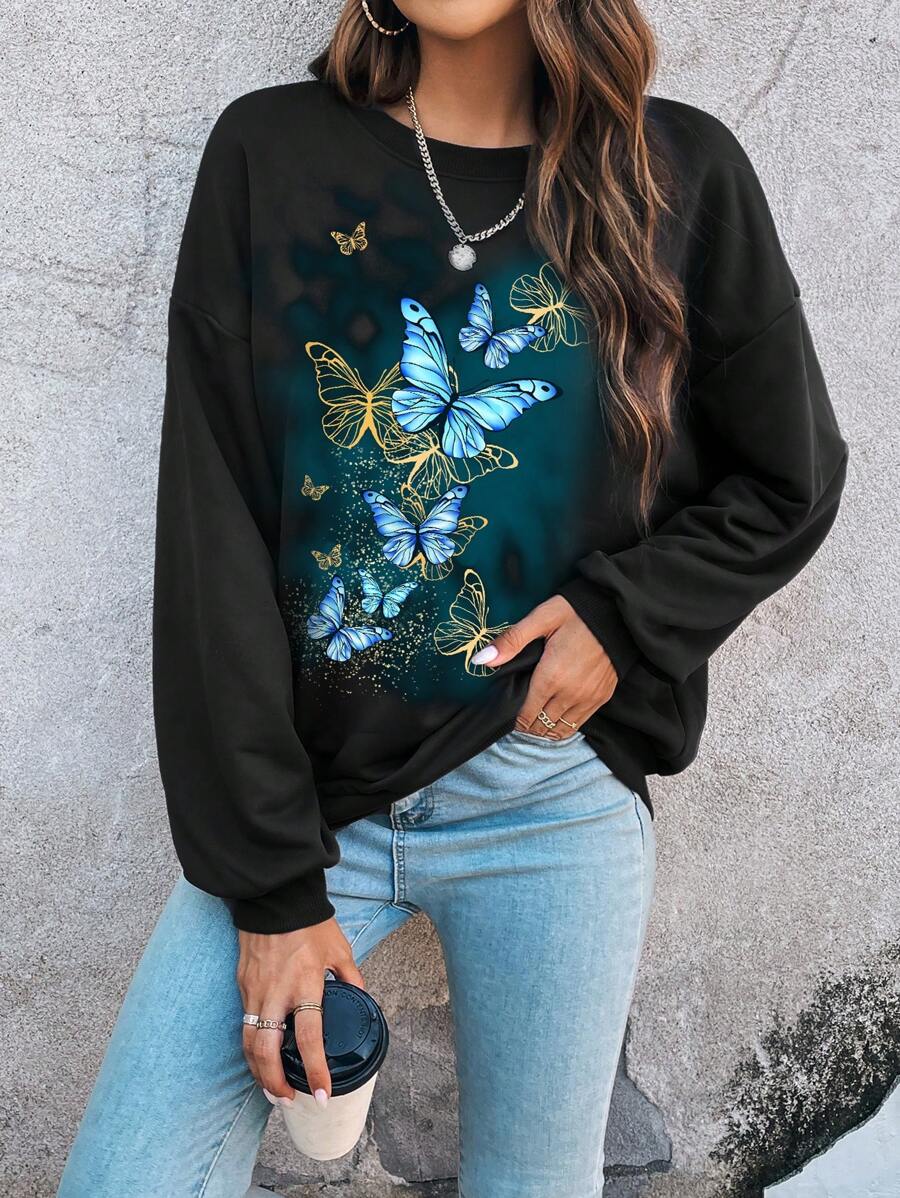 SHEIN LUNE 蝴蝶圖案落肩袖運動衫 - 黑色 - 查看 1