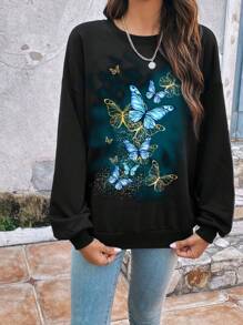 SHEIN LUNE 蝴蝶圖案落肩袖運動衫 - 黑色 - 查看 6