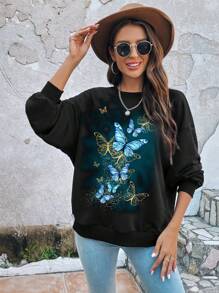 SHEIN LUNE 蝴蝶圖案落肩袖運動衫 - 黑色 - 查看 7