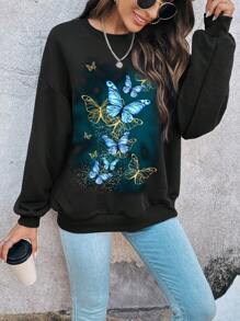 SHEIN LUNE 蝴蝶圖案落肩袖運動衫 - 黑色 - 查看 8