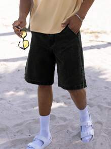 Manfinity Homme 男士鬆身牛仔百搭短褲,斜口袋款式 - 黑色 - 查看 1