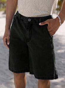 Manfinity Homme 男士鬆身牛仔百搭短褲,斜口袋款式 - 黑色 - 查看 4