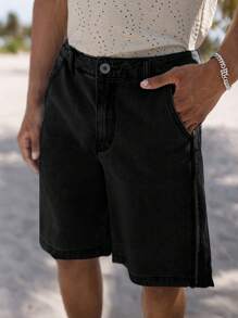 Manfinity Homme 男士鬆身牛仔百搭短褲,斜口袋款式 - 黑色 - 查看 6