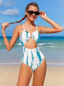 SHEIN 青少年女孩筆刷圖案鏤空連體泳衣和罩衫半身裙 - 藍白色 - 查看 4