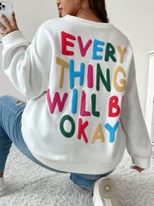 Flirla Plus Slogan Graphic Drop Shoulder Sweatshirt Pullover Fall Sweatshirt - White - View 1