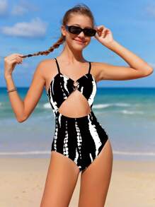 SHEIN Chica adolescente Bañador una pieza de tie dye con abertura con falda de playa - Blanco y Negro - Ver 3