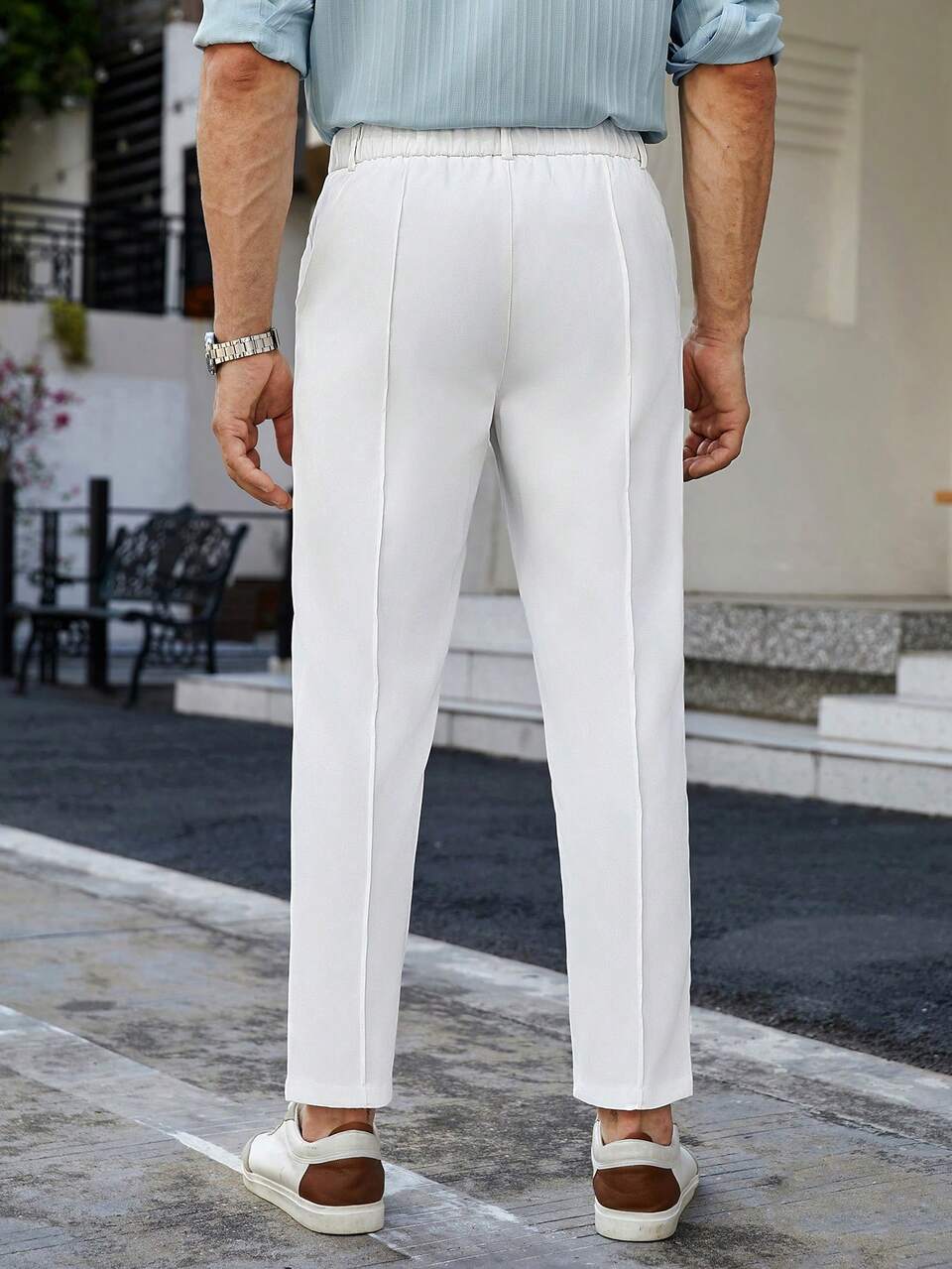 Men Solid Slant Pocket Pants, Fashion Plain Work Long White Slacks Pants, For Daddy & Husband, Boyfriend Gifts