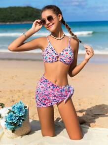 Teen Girl Floral Print Bikini Set With Beach Skirt Summer Beach - Multicolor - View 1