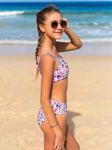 Teen Girl Floral Print Bikini Set With Beach Skirt Summer Beach - Multicolor - View 6