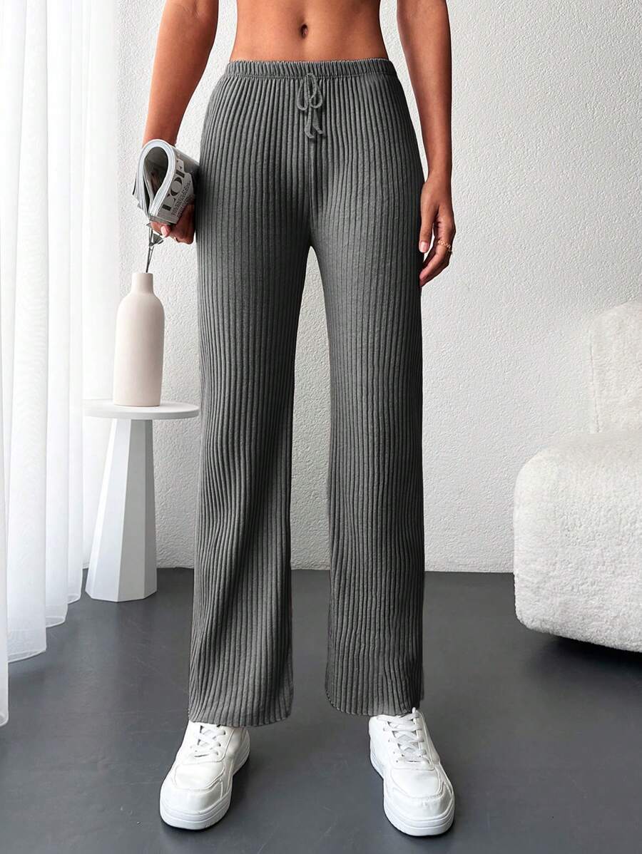 Cottnline Pantalones rectos unicolor tejido de canalé - Gris Oscuro - Ver 1