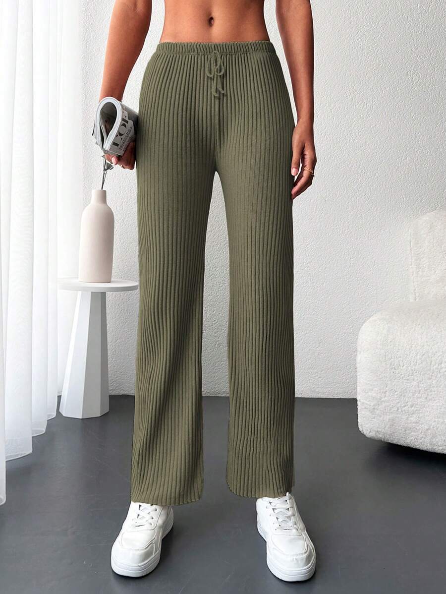 Cottnline Solid Ribbed Knit Straight Leg Trousers - Olive Green - View 1