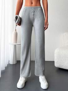 Cottnline Solid Ribbed Knit Straight Leg Trousers - Grey - View 1