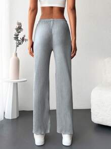 Cottnline Solid Ribbed Knit Straight Leg Trousers - Grey - View 2