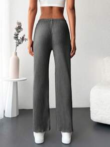 Cottnline Pantalones rectos unicolor tejido de canalé - Gris Oscuro - Ver 2