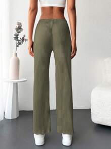 Cottnline Solid Ribbed Knit Straight Leg Trousers - Olive Green - View 2